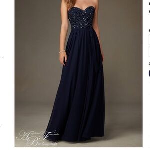 Angelina Faccenda Navy blue evening gown with beaded bodice, size 8